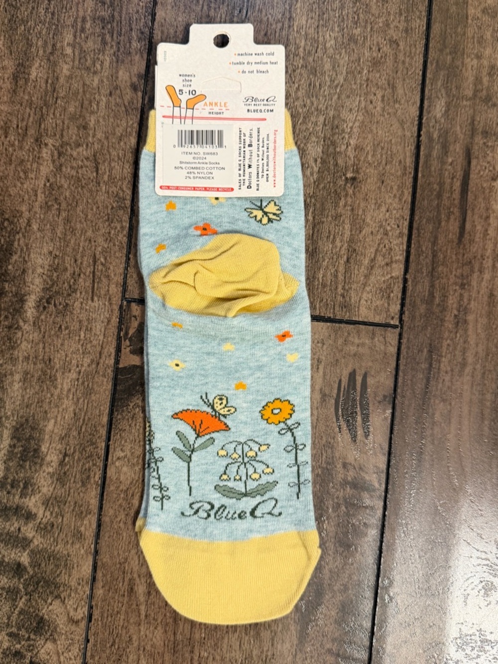 Blue Q Light Blue and Yellow Butterfly Socks with Slogan - Picture 2 of 4